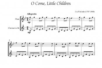 长笛、单簧管圣诞颂歌二重奏曲谱：O Come, Little Children（for flute and clarinet in Bb）